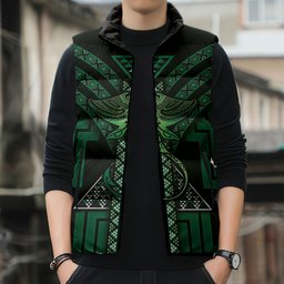 New Zealand Manta Ray Sleeveless Puffer Jacket Maori Tukutuku Taniko Motifs Green
