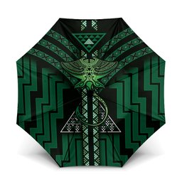 New Zealand Manta Ray Umbrella Maori Tukutuku Taniko Motifs Green