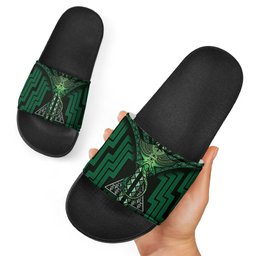 New Zealand Manta Ray Slide Sandals Maori Tukutuku Taniko Motifs Green