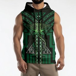 New Zealand Manta Ray Sleeveless Zip Hoodie Maori Tukutuku Taniko Motifs Green