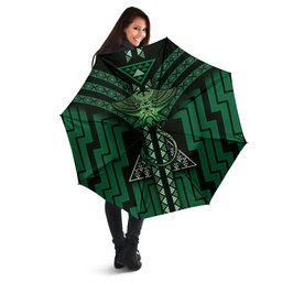 New Zealand Manta Ray Umbrella Maori Tukutuku Taniko Motifs Green