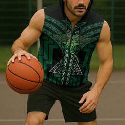 New Zealand Manta Ray Sleeveless Zip Hoodie Maori Tukutuku Taniko Motifs Green