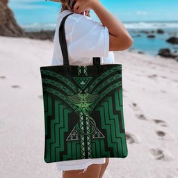 New Zealand Manta Ray Tote Bag Maori Tukutuku Taniko Motifs Green