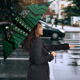 New Zealand Manta Ray Umbrella Maori Tukutuku Taniko Motifs Green