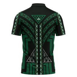 New Zealand Manta Ray Zipper Polo Shirt Maori Tukutuku Taniko Motifs Green