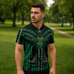 New Zealand Manta Ray Zipper Polo Shirt Maori Tukutuku Taniko Motifs Green