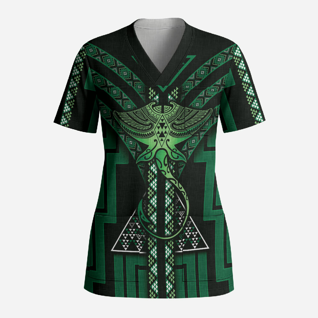 New Zealand Manta Ray Scrub Top Maori Tukutuku Taniko Motifs Green