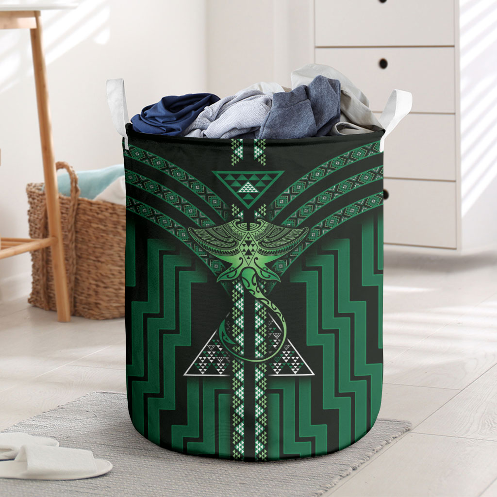 New Zealand Manta Ray Laundry Basket Maori Tukutuku Taniko Motifs Green