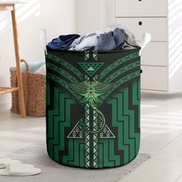 New Zealand Manta Ray Laundry Basket Maori Tukutuku Taniko Motifs Green
