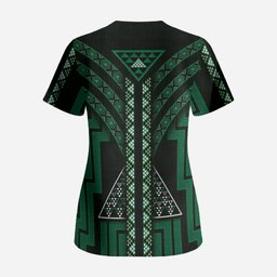 New Zealand Manta Ray Scrub Top Maori Tukutuku Taniko Motifs Green