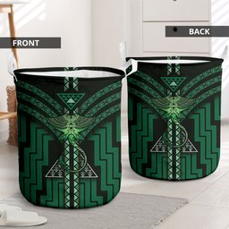 New Zealand Manta Ray Laundry Basket Maori Tukutuku Taniko Motifs Green