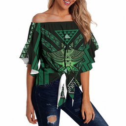 New Zealand Manta Ray Off Shoulder Wrap Waist Top Maori Tukutuku Taniko Motifs Green
