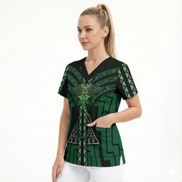 New Zealand Manta Ray Scrub Top Maori Tukutuku Taniko Motifs Green