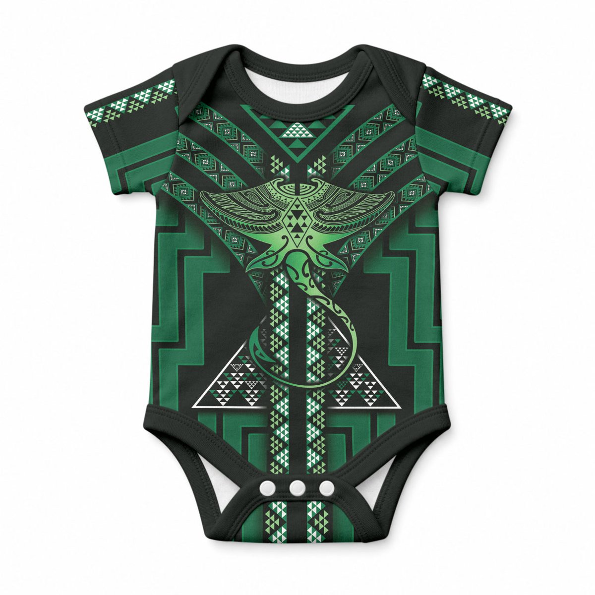 New Zealand Manta Ray Baby Onesie Maori Tukutuku Taniko Motifs Green