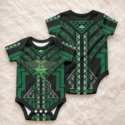 New Zealand Manta Ray Baby Onesie Maori Tukutuku Taniko Motifs Green