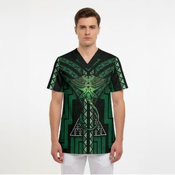 New Zealand Manta Ray Scrub Top Maori Tukutuku Taniko Motifs Green