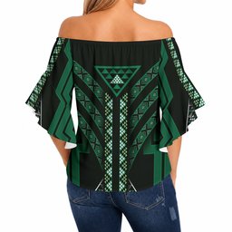 New Zealand Manta Ray Off Shoulder Wrap Waist Top Maori Tukutuku Taniko Motifs Green
