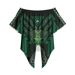 New Zealand Manta Ray Off Shoulder Wrap Waist Top Maori Tukutuku Taniko Motifs Green