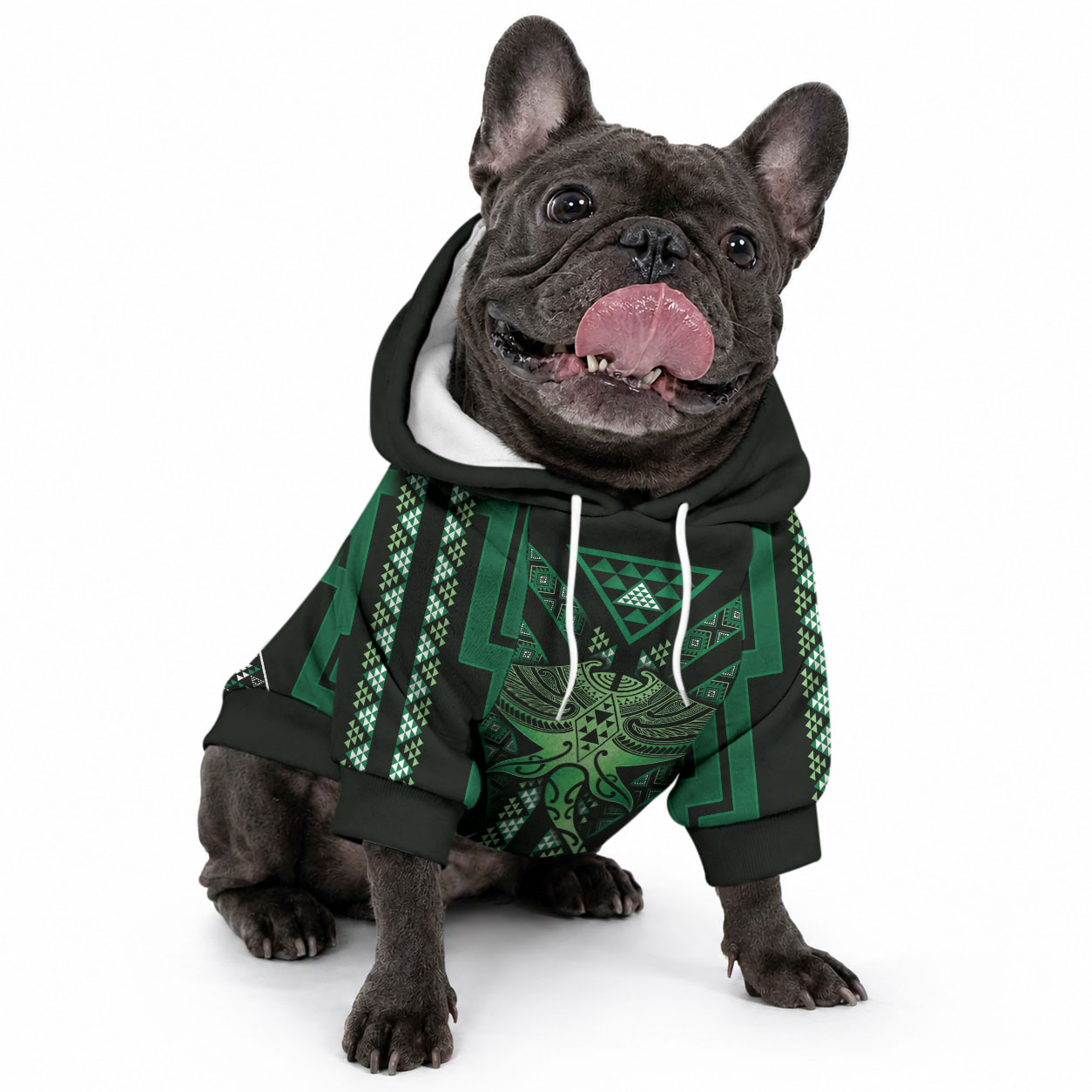 New Zealand Manta Ray Pet Hoodie Maori Tukutuku Taniko Motifs Green