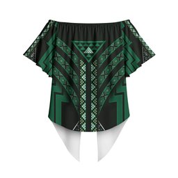New Zealand Manta Ray Off Shoulder Wrap Waist Top Maori Tukutuku Taniko Motifs Green