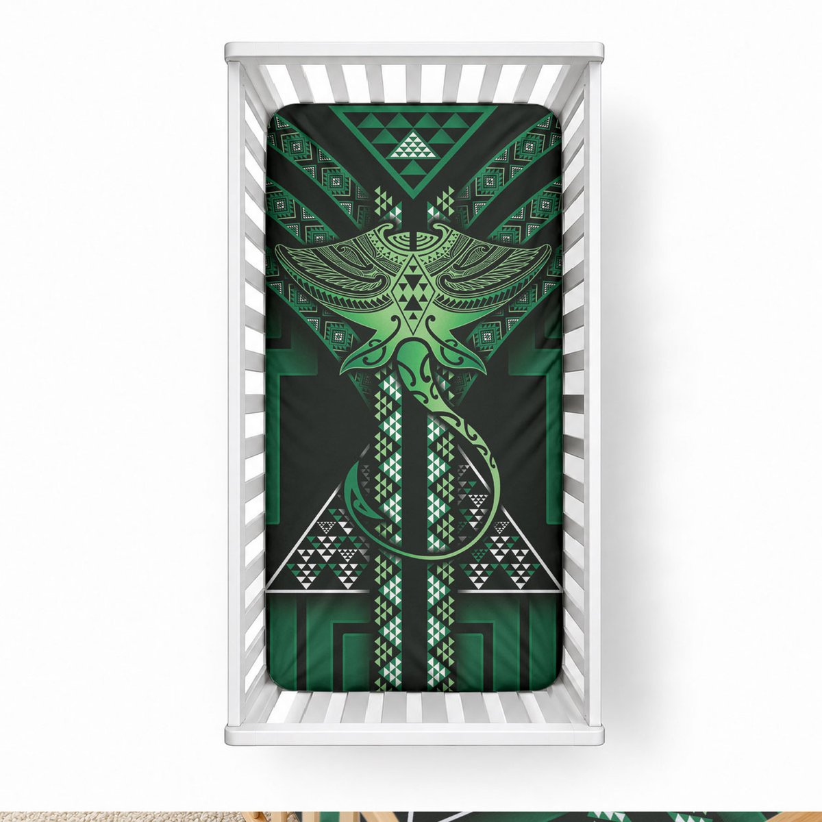 New Zealand Manta Ray Baby Bed Cover Maori Tukutuku Taniko Motifs Green
