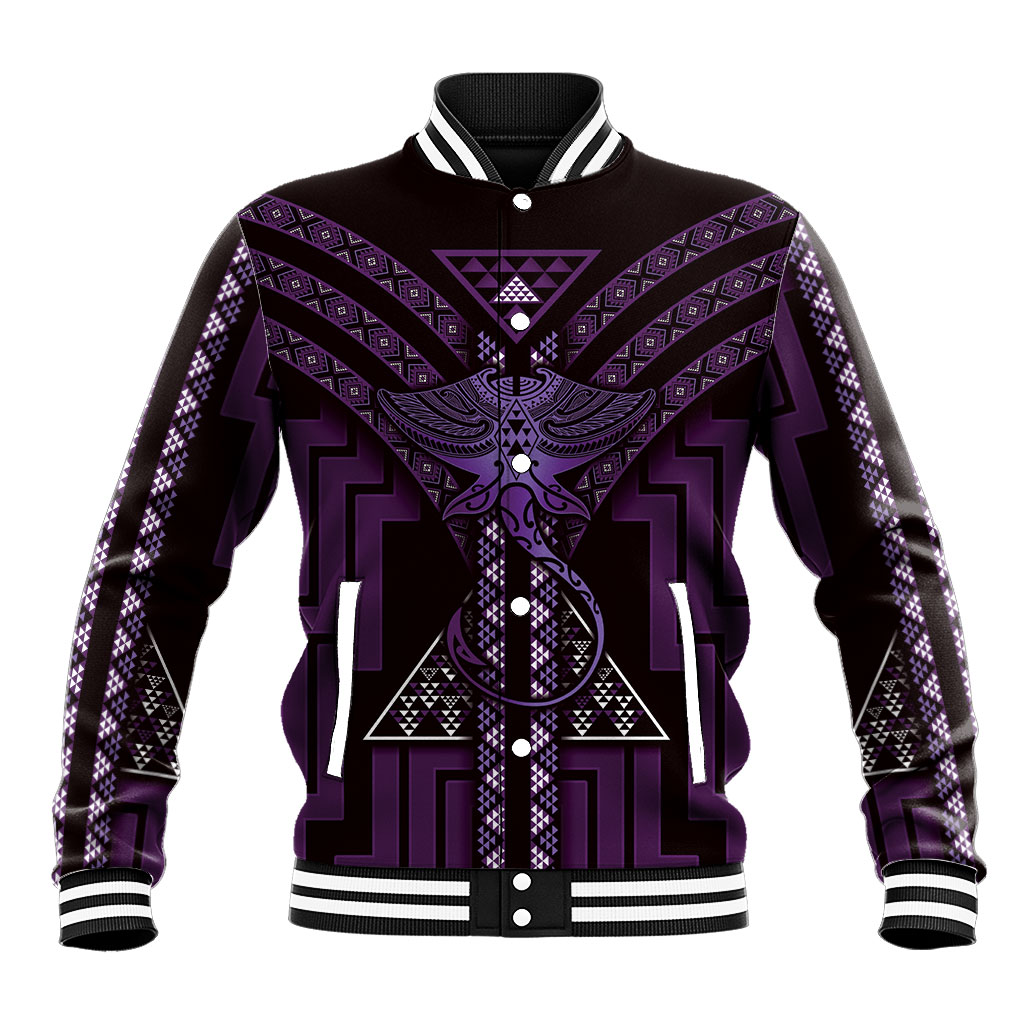 New Zealand Manta Ray Baseball Jacket Maori Tukutuku Taniko Motifs Purple