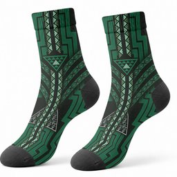 New Zealand Manta Ray Crew Socks Maori Tukutuku Taniko Motifs Green