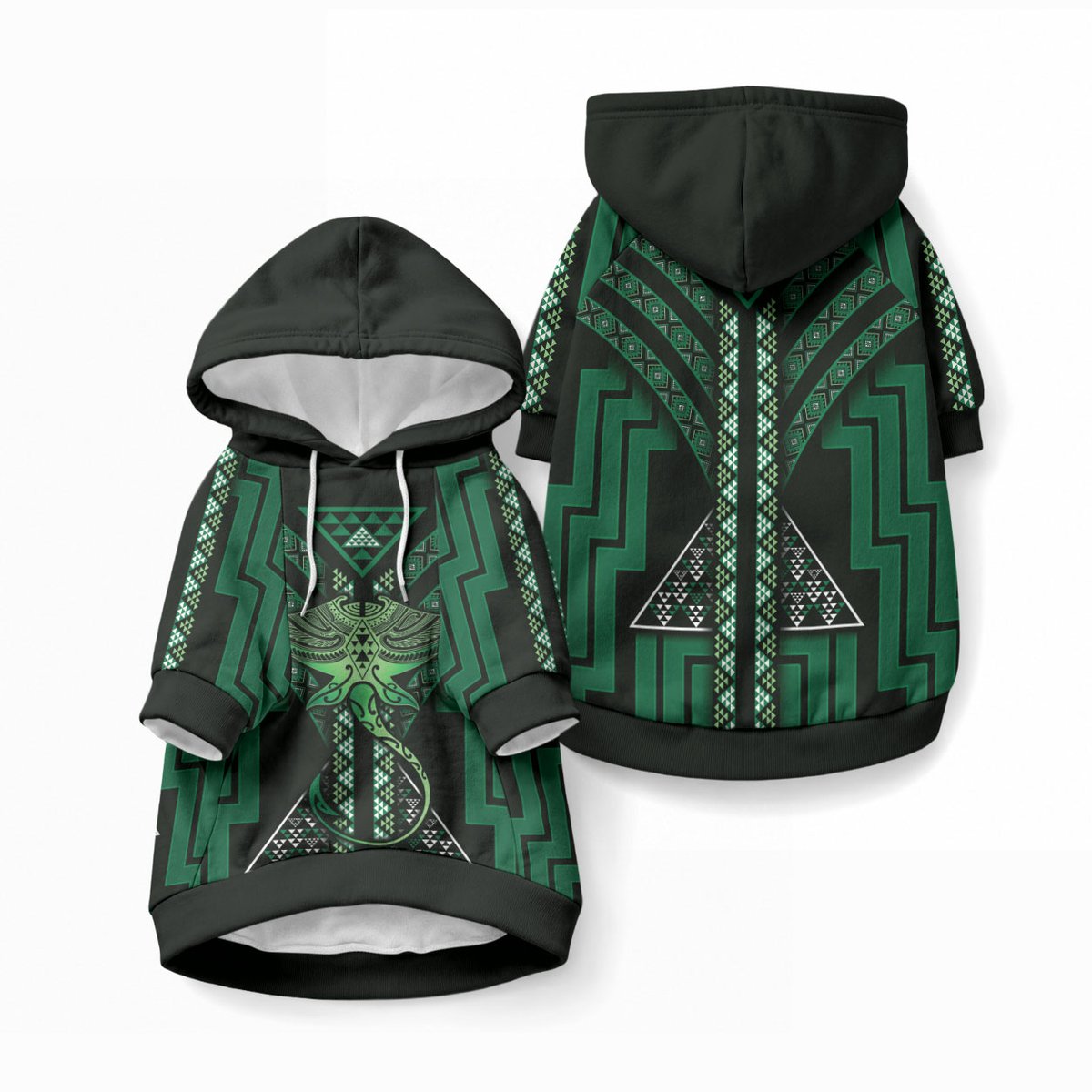 New Zealand Manta Ray Pet Hoodie Maori Tukutuku Taniko Motifs Green