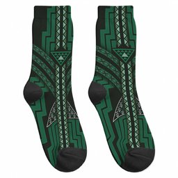 New Zealand Manta Ray Crew Socks Maori Tukutuku Taniko Motifs Green