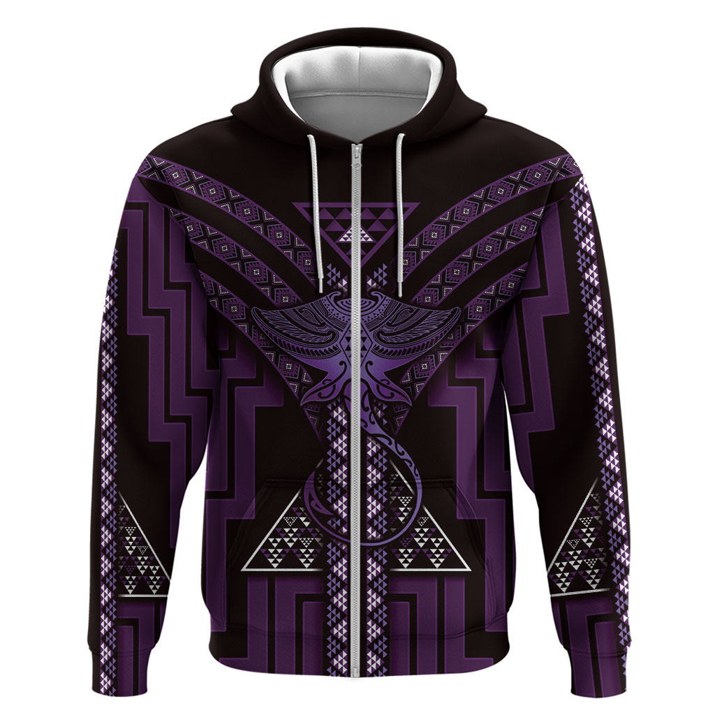 New Zealand Manta Ray Zip Hoodie Maori Tukutuku Taniko Motifs Purple