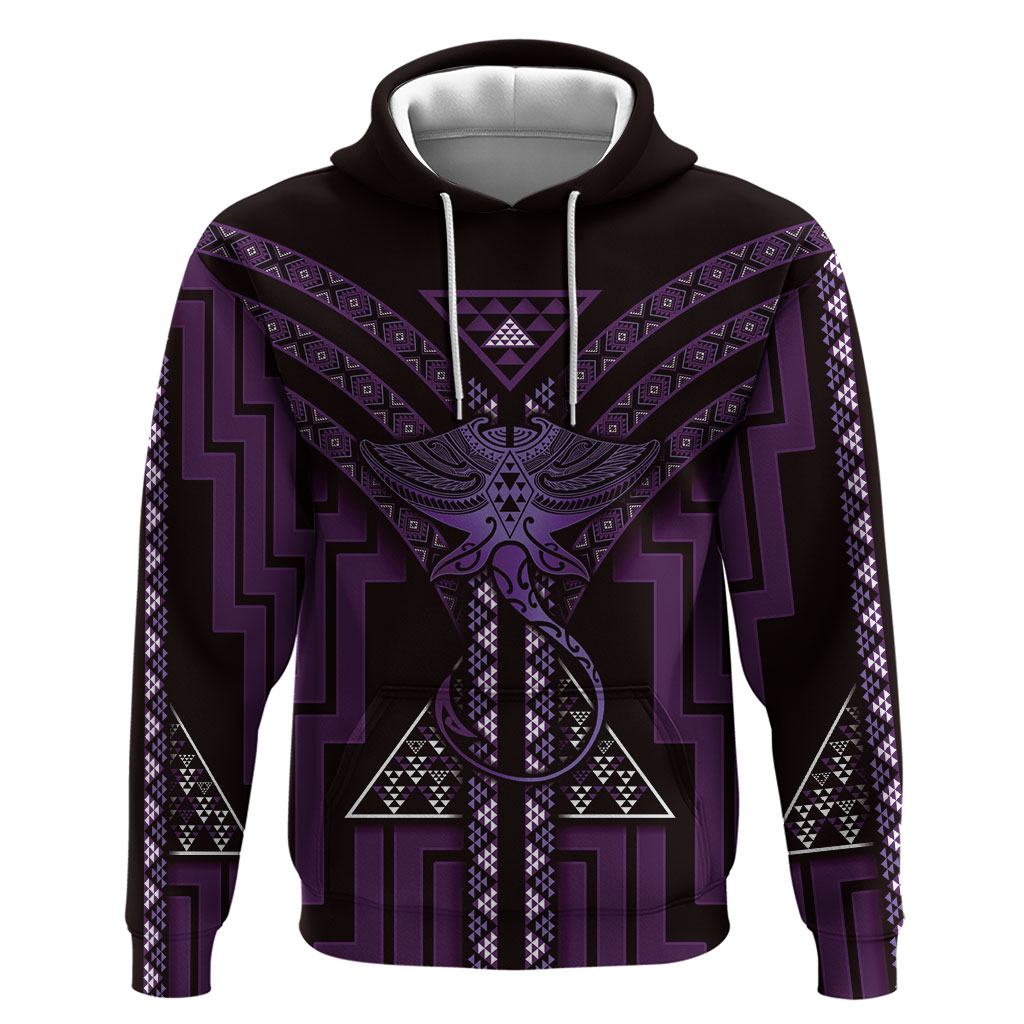 New Zealand Manta Ray Hoodie Maori Tukutuku Taniko Motifs Purple