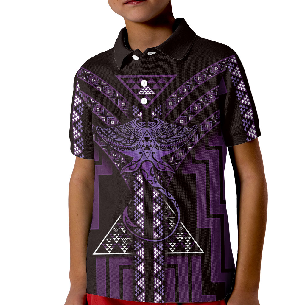New Zealand Manta Ray Kid Polo Shirt Maori Tukutuku Taniko Motifs Purple