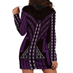 New Zealand Manta Ray Hoodie Dress Maori Tukutuku Taniko Motifs Purple