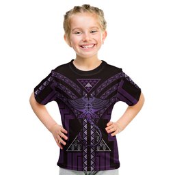 New Zealand Manta Ray Kid T Shirt Maori Tukutuku Taniko Motifs Purple