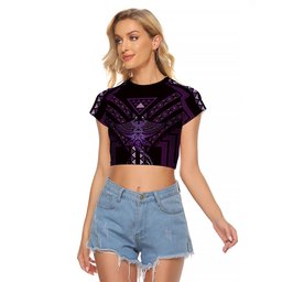 New Zealand Manta Ray Raglan Cropped T Shirt Maori Tukutuku Taniko Motifs Purple