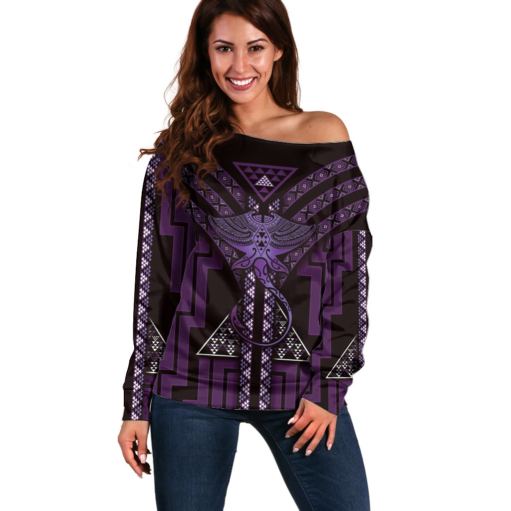 New Zealand Manta Ray Off Shoulder Sweater Maori Tukutuku Taniko Motifs Purple