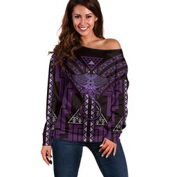 New Zealand Manta Ray Off Shoulder Sweater Maori Tukutuku Taniko Motifs Purple