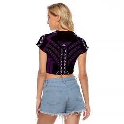 New Zealand Manta Ray Raglan Cropped T Shirt Maori Tukutuku Taniko Motifs Purple
