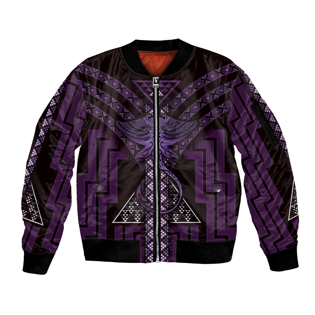 New Zealand Manta Ray Sleeve Zip Bomber Jacket Maori Tukutuku Taniko Motifs Purple