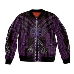 New Zealand Manta Ray Sleeve Zip Bomber Jacket Maori Tukutuku Taniko Motifs Purple