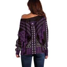 New Zealand Manta Ray Off Shoulder Sweater Maori Tukutuku Taniko Motifs Purple