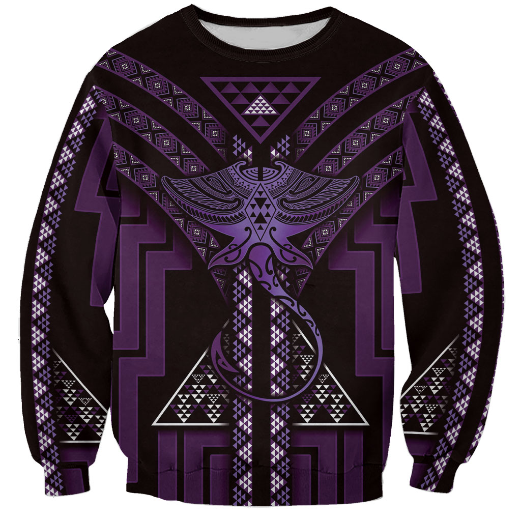 New Zealand Manta Ray Sweatshirt Maori Tukutuku Taniko Motifs Purple