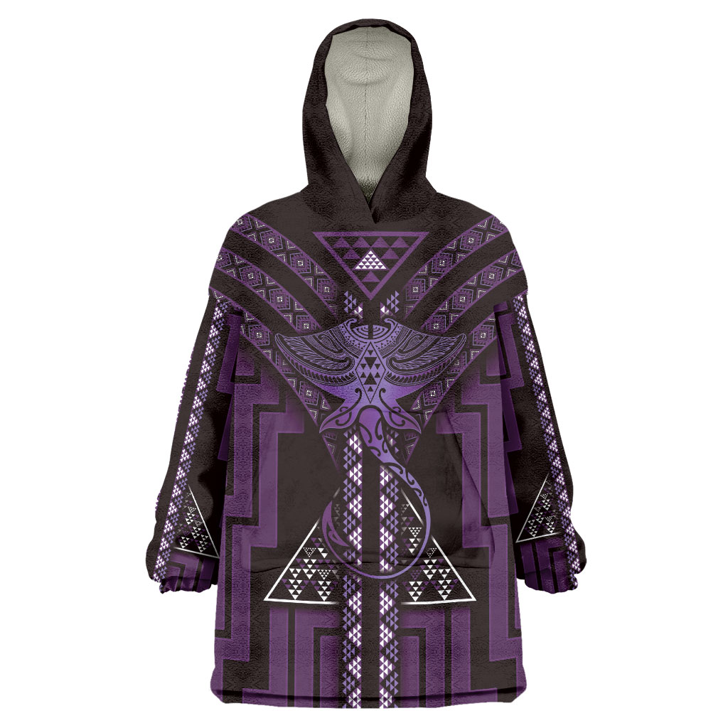 New Zealand Manta Ray Wearable Blanket Hoodie Maori Tukutuku Taniko Motifs Purple