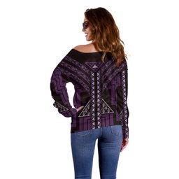 New Zealand Manta Ray Off Shoulder Sweater Maori Tukutuku Taniko Motifs Purple