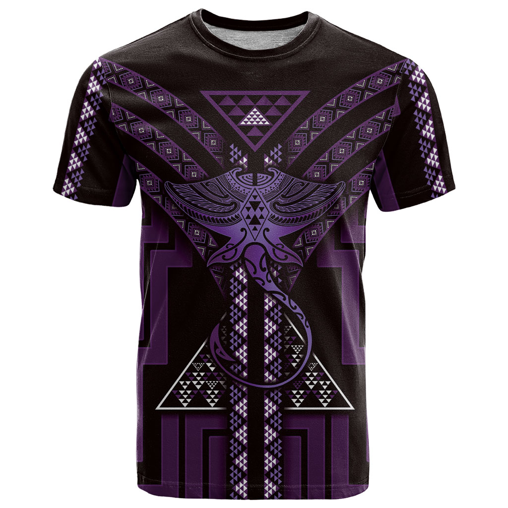 New Zealand Manta Ray T Shirt Maori Tukutuku Taniko Motifs Purple