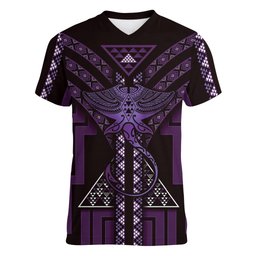 New Zealand Manta Ray Women V-Neck T-Shirt Maori Tukutuku Taniko Motifs Purple
