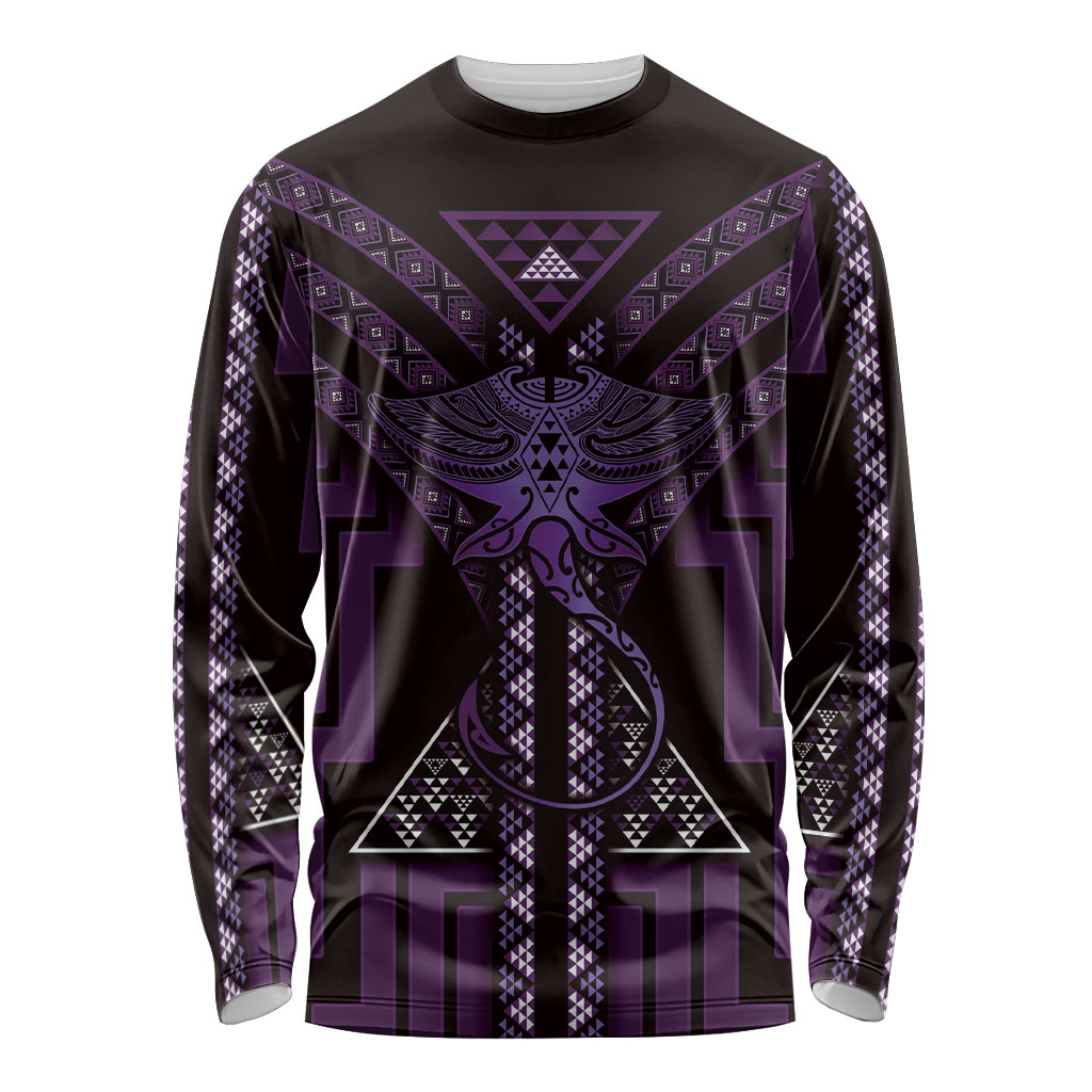 New Zealand Manta Ray Long Sleeve Shirt Maori Tukutuku Taniko Motifs Purple
