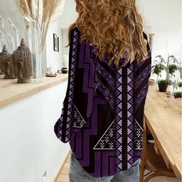 New Zealand Manta Ray Women Casual Shirt Maori Tukutuku Taniko Motifs Purple