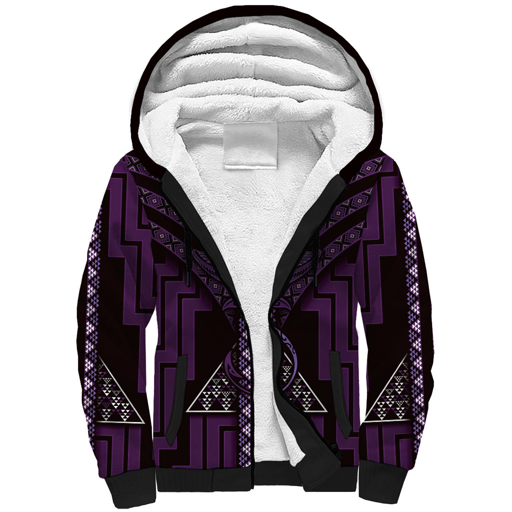 New Zealand Manta Ray Sherpa Hoodie Maori Tukutuku Taniko Motifs Purple