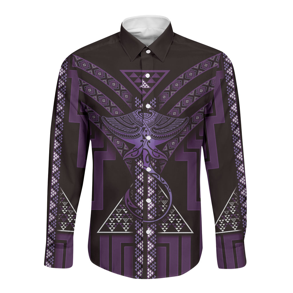 New Zealand Manta Ray Long Sleeve Button Shirt Maori Tukutuku Taniko Motifs Purple